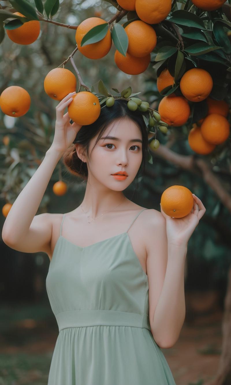 03973-4171696899-a woman in a green dress holding fruit on her head and a tree branch in her hand with oranges on it,in the style of cute and dre.png